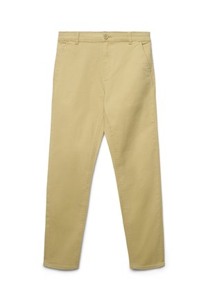 Pantaloni in cotone color khaki con design a gamba dritta, dotati di tasche anteriori, chiusura con bottone e una texture liscia.