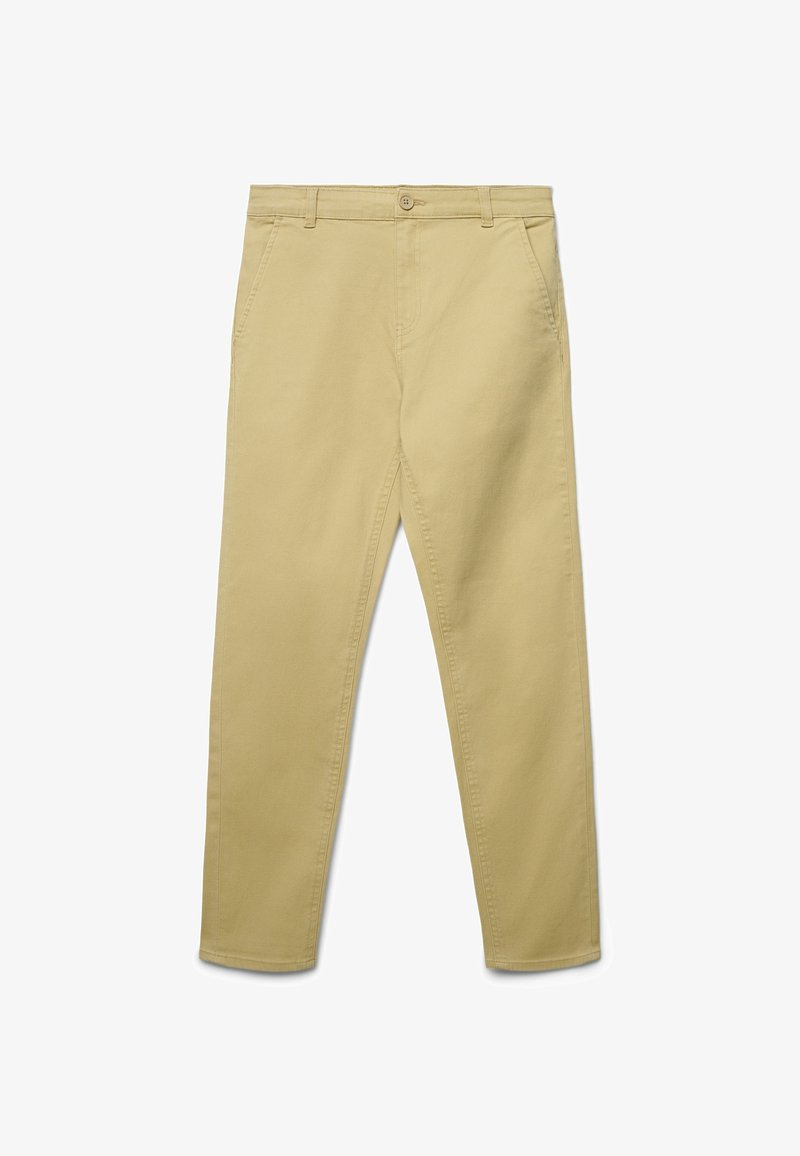 Khaaki bawełniane spodnie o prostym kroju, z frontowymi kieszeniami, z zapięciem na guzik i gładką fakturą.