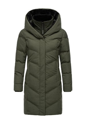 Green puffer coat with a large, draped hood. Features chevron stitching, a full front zipper, and side pockets. Soft black lining.