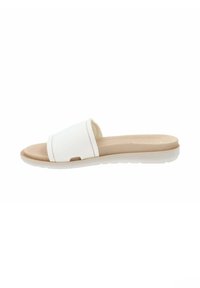 Infradito bianche con una larga fascia in tessuto e una morbida soletta beige. Presentano una suola in gomma bianca flessibile per comfort e aderenza.