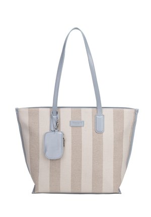 Borsa a righe beige e azzurro chiaro con due manici lunghi e una pochette abbinata staccabile appesa a un manico.