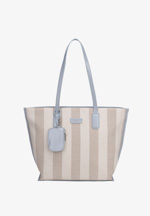 Sac fourre-tout rayé beige et bleu clair avec deux longues poignées et une pochette assortie amovible suspendue à une des poignées.