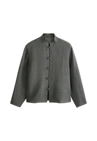 Veste grise à manches longues avec col mandarin et cinq fermetures traditionnelles en grenouille à l'avant, fabriquée en tissu texturé.