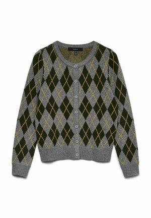 Cárdigan gris con un patrón de diamantes en verde y amarillo, con un escote redondo y seis botones delanteros, textura de punto y puños acanalados.