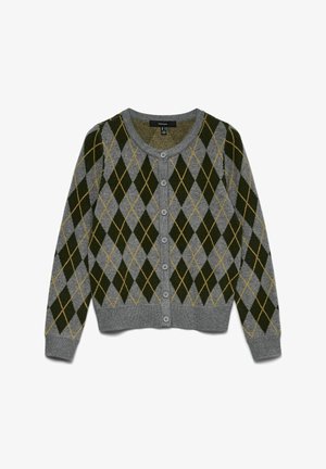 Cardigan gris avec un motif de diamond vert et jaune, doté d'un col rond et de six boutons à l'avant, texture tricotée et poignets côtelés.