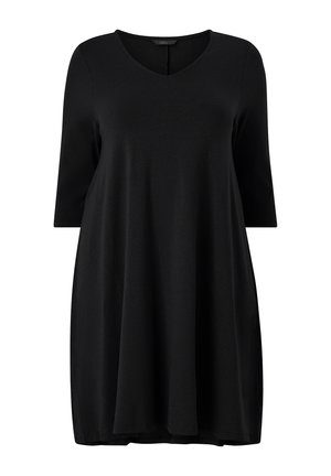 Schwarzes Kleid mit einem V-Ausschnitt, Dreiviertelärmeln und lockerer Passform. Hergestellt aus weichem Stoff, mit einem knieumspielenden Saum und ohne sichtbare Muster.