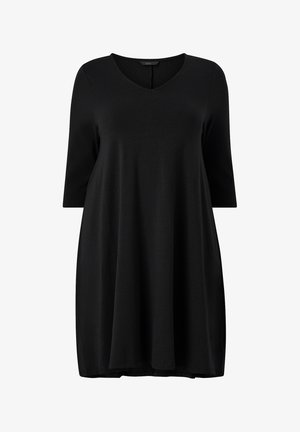 Black dress with a V-neckline, three-quarter sleeves, and a loose fit. Made from soft fabric, features a knee-length hem and no visible patterns.