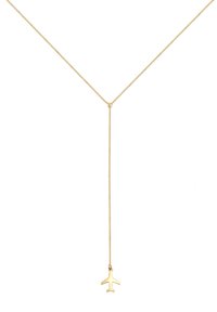 Guld halskæde med en tynd kæde, der har en lille flyvediagram hængende fra midten. Slankt, minimalistisk design med en glat overflade.