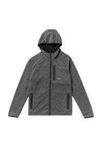 Veste grise zippée avec capuche, fabriquée à partir d'un tissu texturé. Elle possède deux poches latérales zippées et une poche poitrine avec un logo.