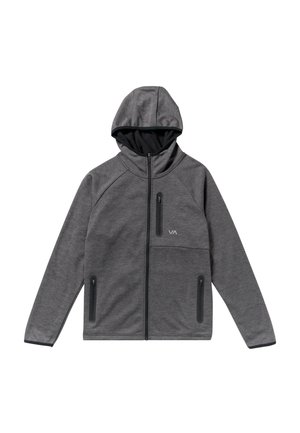 Szara kurtka rozpinana na zamek z kapturem, wykonana z fakturowanej tkaniny. Posiada dwie boczne kieszenie na zamek oraz kieszeń na piersi z logo.