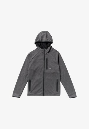 Szara kurtka rozpinana na zamek z kapturem, wykonana z fakturowanej tkaniny. Posiada dwie boczne kieszenie na zamek oraz kieszeń na piersi z logo.