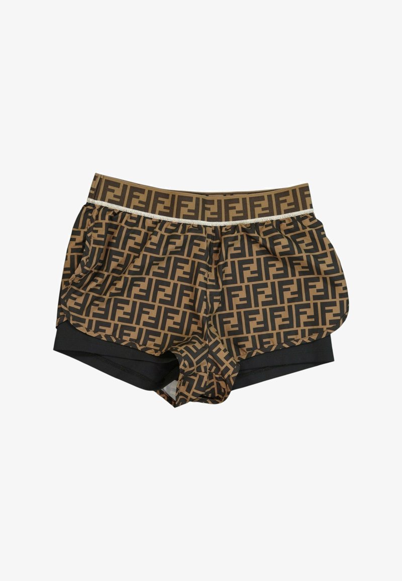 Short de bain homme marron et noir à motif, avec une taille élastique et un motif géométrique complet.