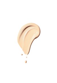 Échantillon de fond de teint crème beige avec une texture lisse et fluide, présentant un léger éclat et de légères gouttes en bas sur un fond blanc.
