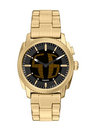 Orologio da polso Fossil color oro con quadrante nero, indici dorati e display analogico a tre lancette, caratterizzato da una lunetta testurizzata e un bracciale a maglie.