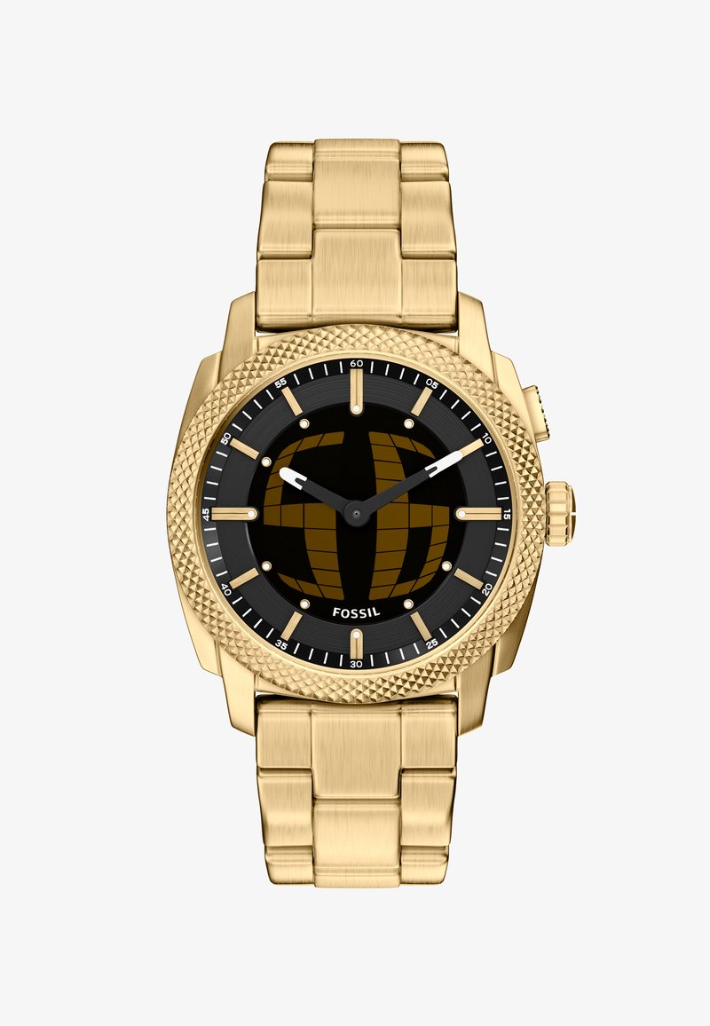 Montre-bracelet Fossil ton or avec cadran noir, index dorés et affichage analogique à trois aiguilles, dotée d'une lunette texturée et d'un bracelet à maillons.