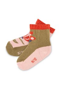 Knee-high socks in olive green and light pink. Features red ribbed cuffs and whimsical floral pattern in blue and red. Size 16/18.