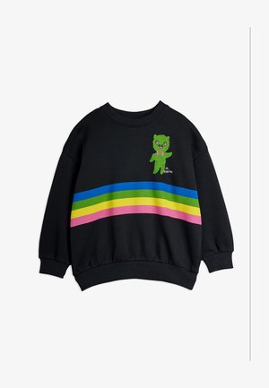 Felpa nera con strisce orizzontali blu, verdi, gialle e rosa e un piccolo orsetto verde da cartone animato con un fiocco rosa sul petto.