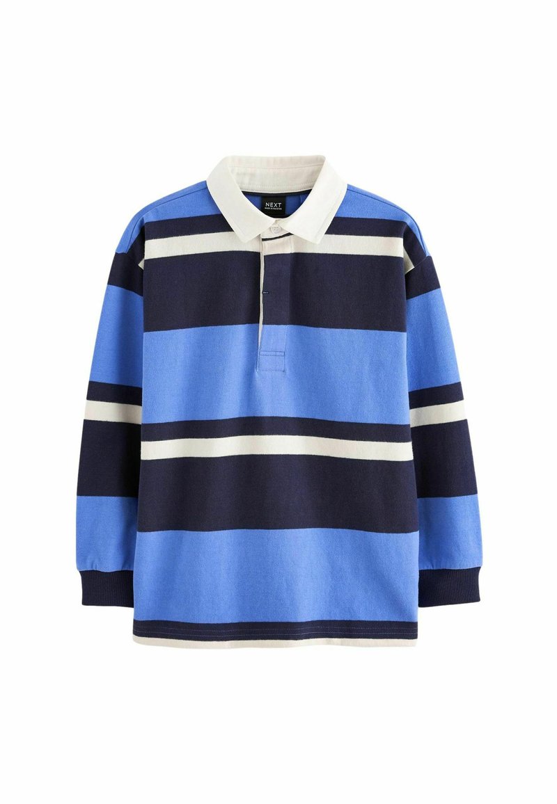 Blauw en marineblauw gestreepte lange mouwen polo shirt met een witte kraag en knoop, met afwisselend brede en smalle strepen in verschillende tinten.
