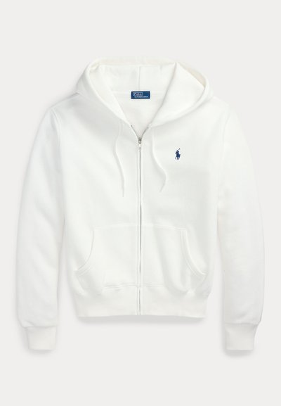 Sweat à capuche blanc zippé avec poches avant, capuche avec cordon de serrage et petit logo Polo Ralph Lauren bleu brodé sur le côté gauche de la poitrine.