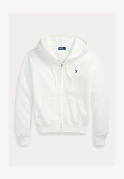 Sweat à capuche blanc zippé avec poches avant, capuche avec cordon de serrage et petit logo Polo Ralph Lauren bleu brodé sur le côté gauche de la poitrine.