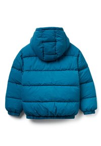 Tyrkysová péřová bunda s kapucí, se zpevněným designem, elastickými manžetami a lemem. Materiál vypadá měkký s mírně lesklým povrchem.