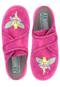 Rosa Stoff- Slippers mit strukturiertem Finish, ausgestattet mit glitzernden Akzenten und Feen-Stickerei an der Seite jedes Schuhs. weiche Innenausstattung.