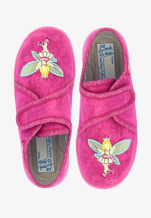 Roze stoffen instapschoenen met een gestructureerde afwerking, voorzien van glinsterende accenten en feeënborduursels aan de zijkant van elke schoen. Zachte voering aan de binnenkant.