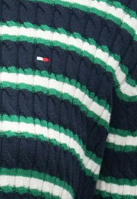 Πλεκτό πουλόβερ σε ναυτικό μπλε με πράσινες και λευκές οριζόντιες ρίγες, υφασμένη καλωδιωτή υφή, με μικρό λογότυπο σε κόκκινο, λευκό και μπλε.