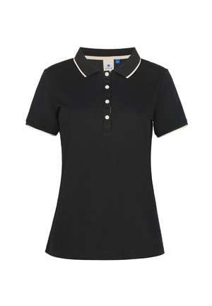 Polo noir à manches courtes avec bordure blanche sur le col et les poignets, comportant quatre boutons blancs sur la patte de boutonnage avant.