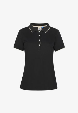 Sort kortærmet polo-shirt med hvid kant på kraven og manchetterne, med fire hvide knapper på fronten.