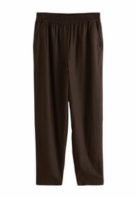 Pantalon à taille élastique marron foncé avec des jambes droites et des poches latérales, fabriqué en tissu doux.