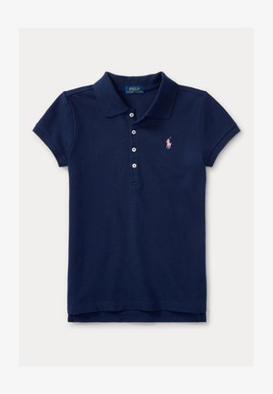 Polo blu navy a manica corta con colletto, quattro bottoni e logo pony rosa Polo Ralph Lauren sul petto sinistro.