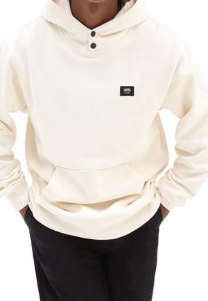 Crème hoodie met een kanga-pocket, twee knopen aan de placket en een zwart Vans-logo op de linker borst; zachte stoftextuur.