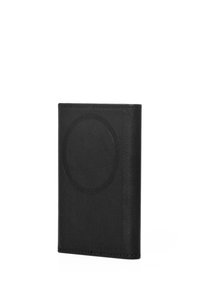 Black leather wallet with a smooth texture, rectangular shape, and a circular embossed detail on the front. No visible closure or hardware.