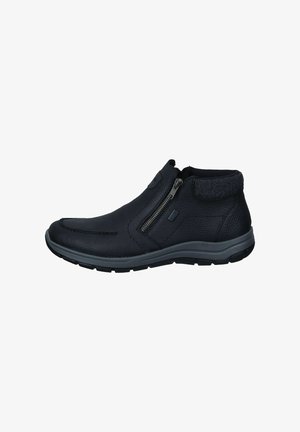 Black leather ankle boots with a textured surface, side zipper closure, and gray rubber sole, featuring rounded toe and minimal stitching details.