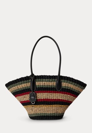 Borsa tote intrecciata con ampio motivo a righe in nero, verde, beige, rosso e senape, con manici in pelle nera e etichetta del marchio Polo.