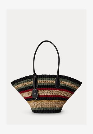 Geweven draagtasje met een breed gestreept patroon in zwart, groen, beige, rood en mosterd, met zwarte leren handvatten en een Polo-merklabel.