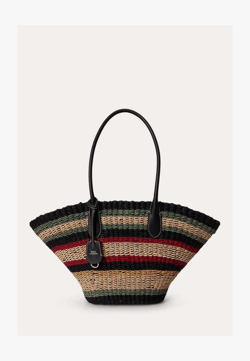 Πλεκτή τσάντα ώμου με φαρδιά ριγέ μοτίβα σε μαύρο, πράσινο, μπεζ, κόκκινο και μουσταρδί, με μαύρες δερμάτινες λαβές και ετικέτα μάρκας Polo.