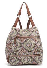 Sac en tissu à motifs multicolores avec des anses en cuir marron, présentant un motif en losanges, deux poches zippées à l'avant et une texture douce.