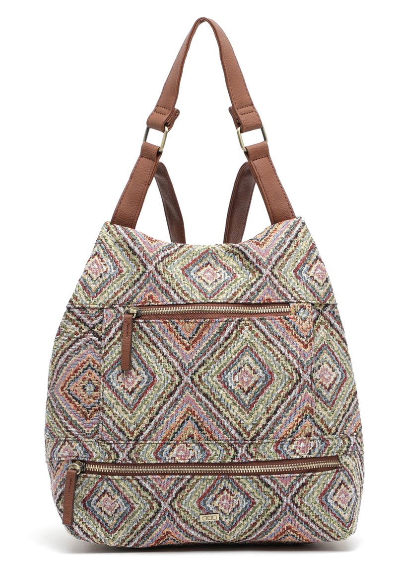 Sac en tissu à motifs multicolores avec des anses en cuir marron, présentant un motif en losanges, deux poches zippées à l'avant et une texture douce.