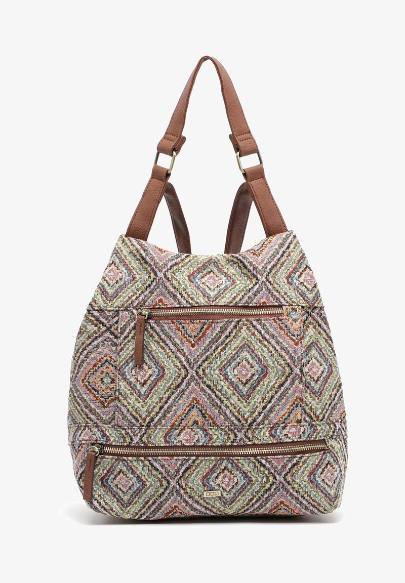 Sac en tissu à motifs multicolores avec des anses en cuir marron, présentant un motif en losanges, deux poches zippées à l'avant et une texture douce.