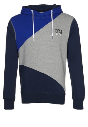 Sudadera con capucha con bloques de color azul, gris y azul marino, cordones blancos y "JACK & JONES 1975" impreso en el pecho.