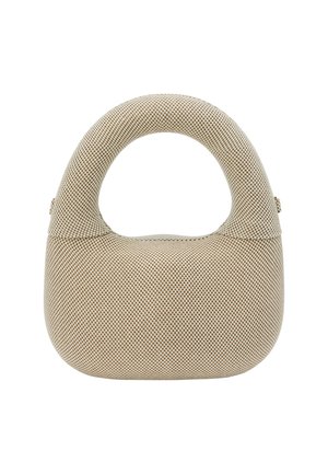 Beige tekstureret håndtaske med et rundt håndtag, der har en blød form og et mønstret overfladedesign. Ingen synlig hardware eller accenter.