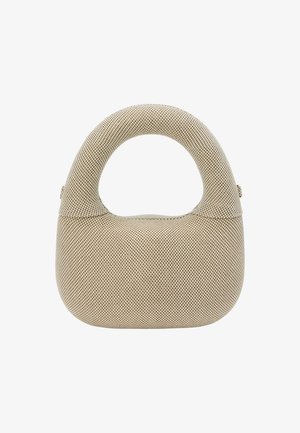 Geantă bej cu textură, având un mâner rotund, cu o formă moale și un design de suprafață cu model. Fără hardware vizibil sau accente.