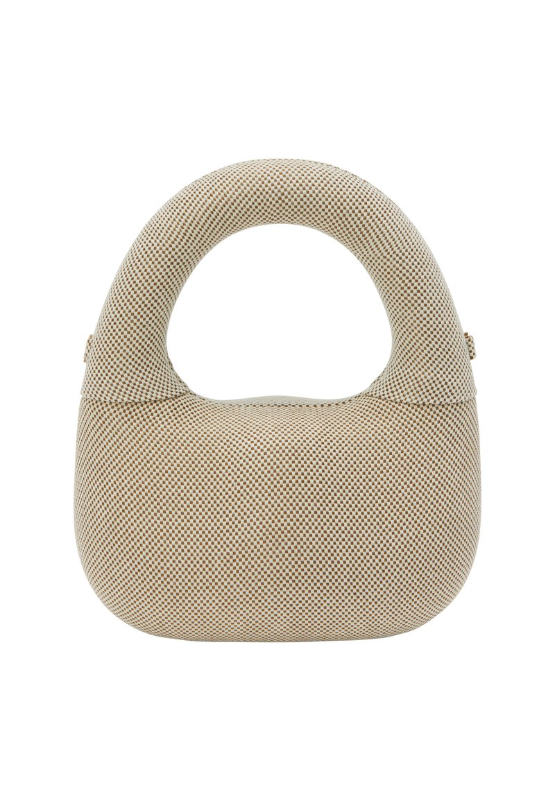 Beżowa torebka teksturowana z okrągłym uchwytem, charakteryzująca się miękkim kształtem i wzorzystą powierzchnią. Brak widocznych elementów metalowych lub akcentów.