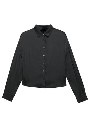 Zwarte cropped button-up shirt van soepel materiaal, voorzien van lange mouwen, een klassieke kraag en een voorzijde met zes knopen.