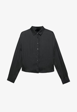 Zwarte cropped button-up shirt van soepel materiaal, voorzien van lange mouwen, een klassieke kraag en een voorzijde met zes knopen.