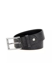 Zwarte leren riem met een gestructureerde afwerking, zilveren rechthoekige gesp en gaatjes voor aanpassing. Opvallend om zijn slanke ontwerp en gegraveerd patroon.