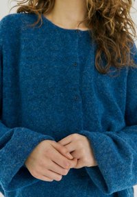 Cardigan in lana blu con scollo tondo, maniche lunghe e chiusura con bottoni. Texture morbida con una finitura leggermente pelosa.