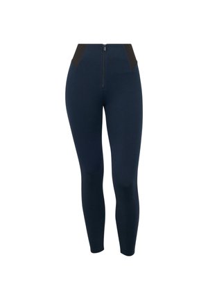 Leggings azul marino de talle alto con cremallera frontal y paneles elásticos negros en la cintura, ajuste cónico en las piernas.